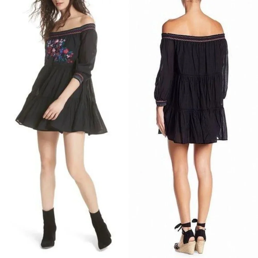 Free People Sunbeams Minidress Size Small Black Floral Embroidered Boho New